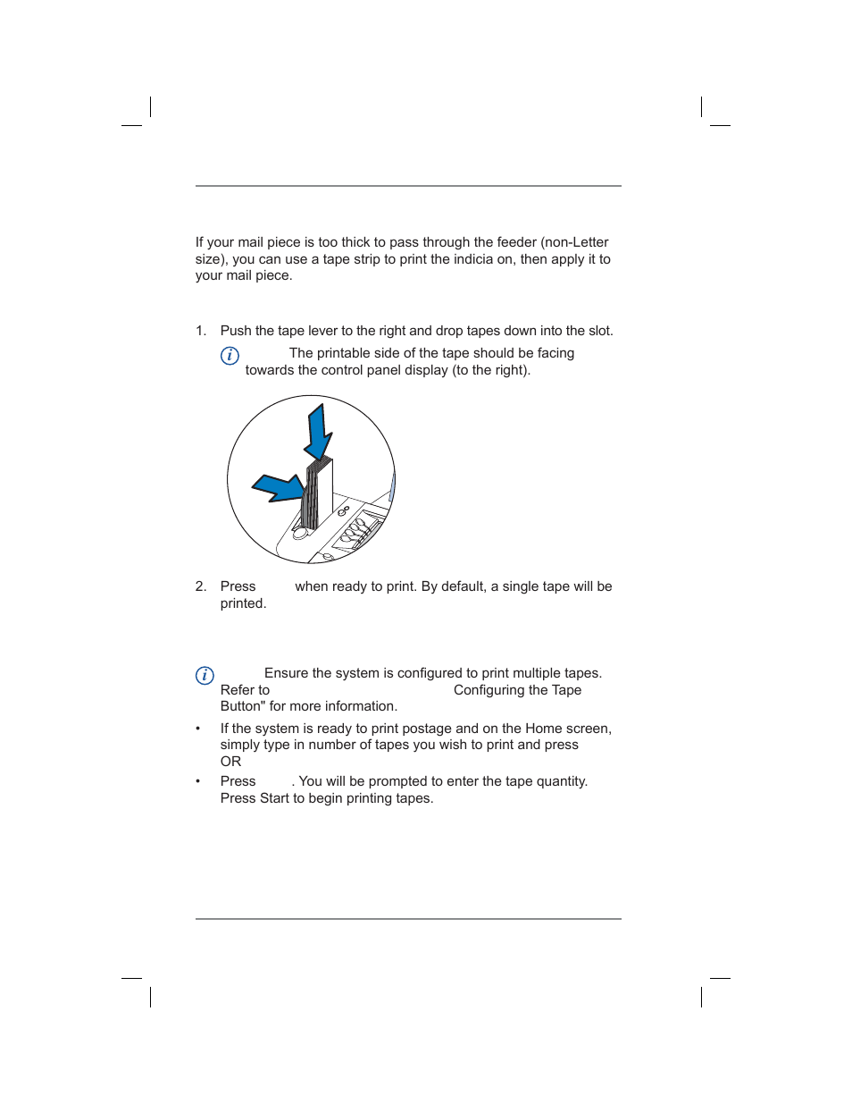 Processing flats, packages, or non-letter mail, Printing a single tape strip, Printing multiple tape strips | 3 • running mail | Pitney Bowes DM400C User Manual | Page 38 / 196