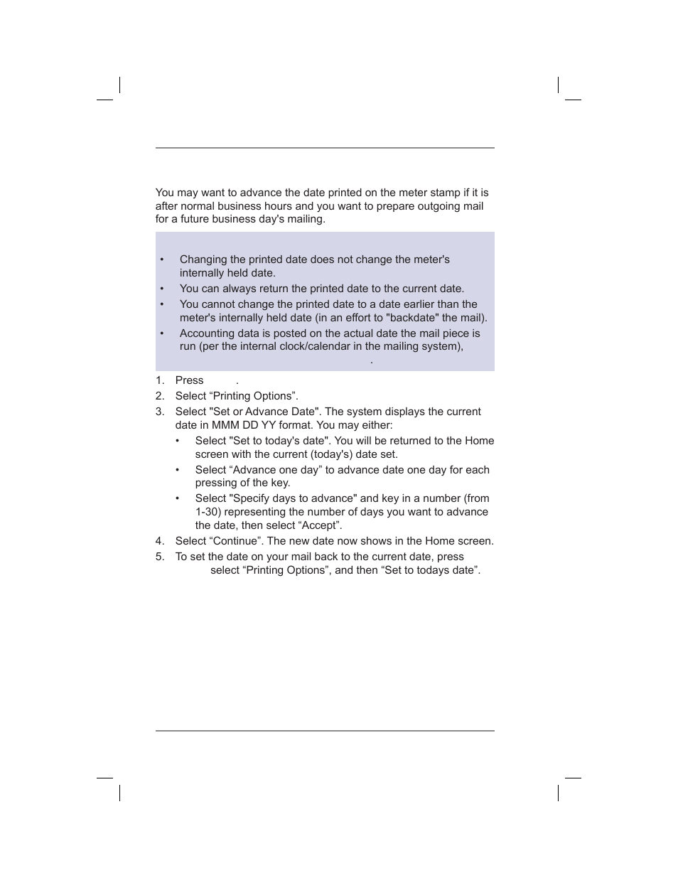 Manually changing printed date for the meter stamp, 4 • printing options | Pitney Bowes DM400C User Manual | Page 50 / 196