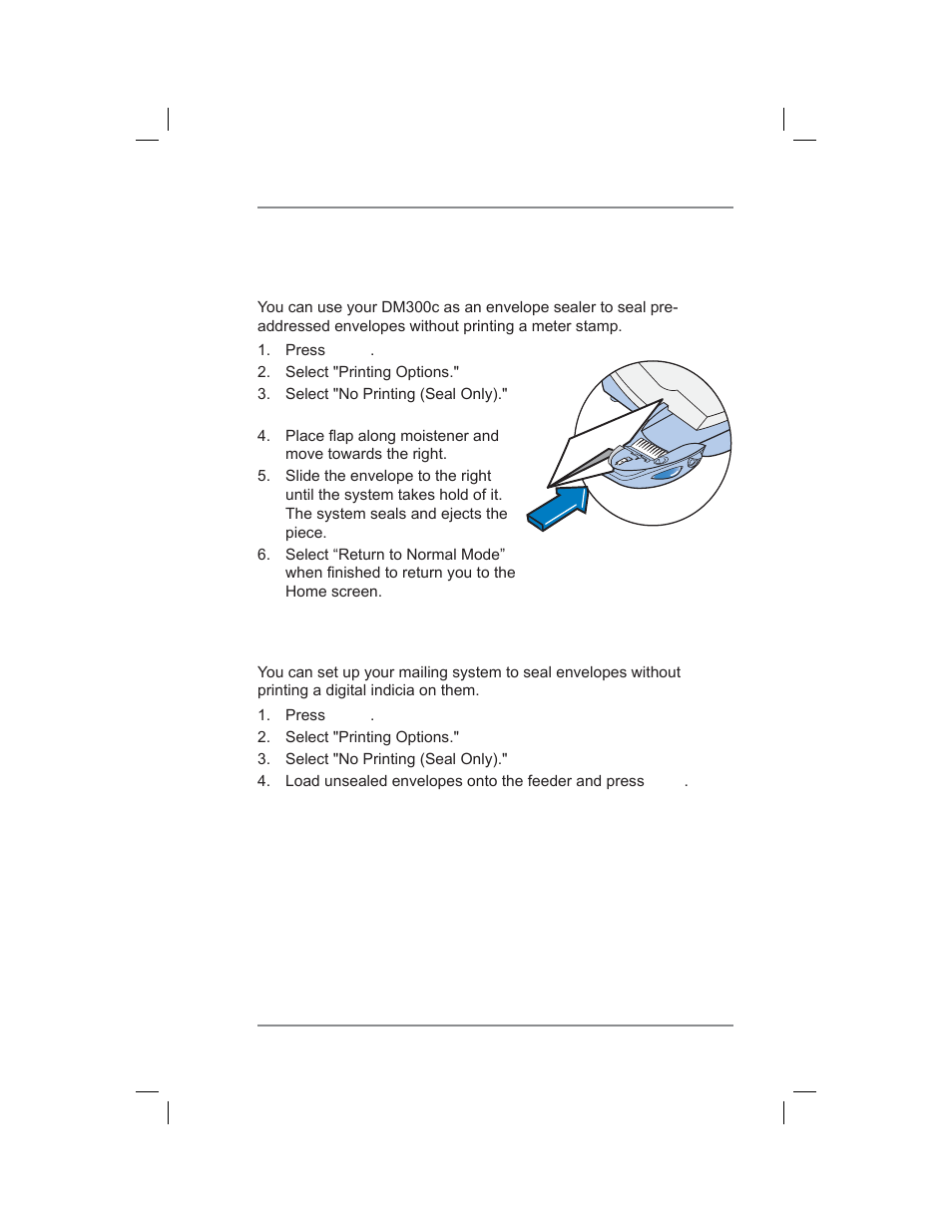 Sealing envelopes without printing a meter stamp, Dm300c only, Dm400c only | 4 • printing options | Pitney Bowes DM400C User Manual | Page 51 / 196