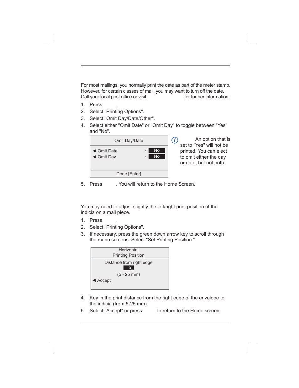 Omitting/restoring day or date on the meter stamp, Adjusting horizontal print position of indicia, 4 • printing options | Pitney Bowes DM400C User Manual | Page 53 / 196