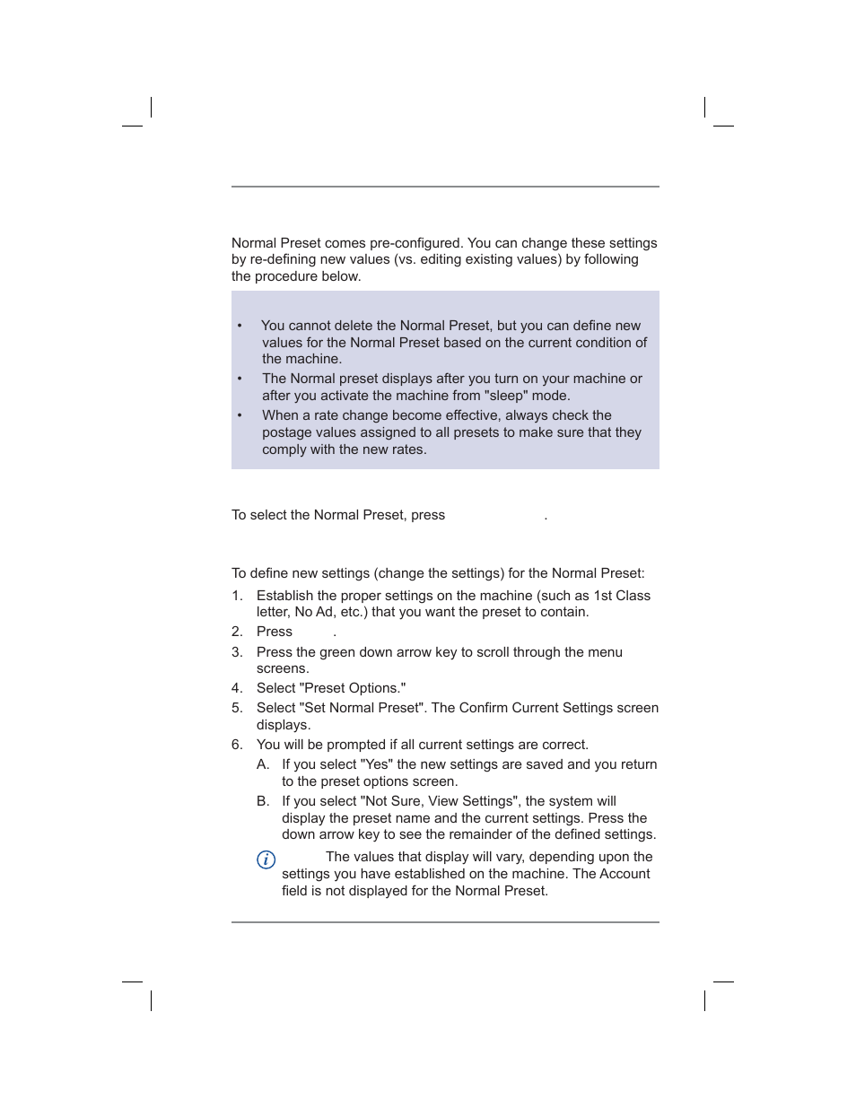 Normal preset, Selecting the normal preset, Defining new values for the normal preset | 5 • normal and custom presets | Pitney Bowes DM400C User Manual | Page 59 / 196