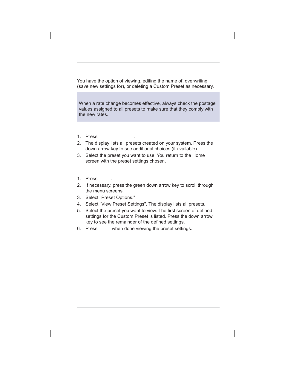 Custom presets, Selecting custom presets, Viewing a custom preset | 5 • normal and custom presets | Pitney Bowes DM400C User Manual | Page 61 / 196