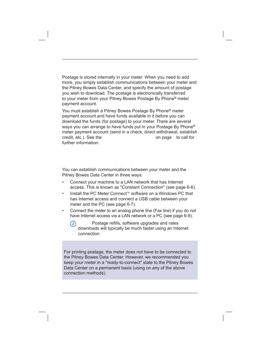 Postage and your machine, 6 • adding postage/connecting to data center | Pitney Bowes DM400C User Manual | Page 68 / 196