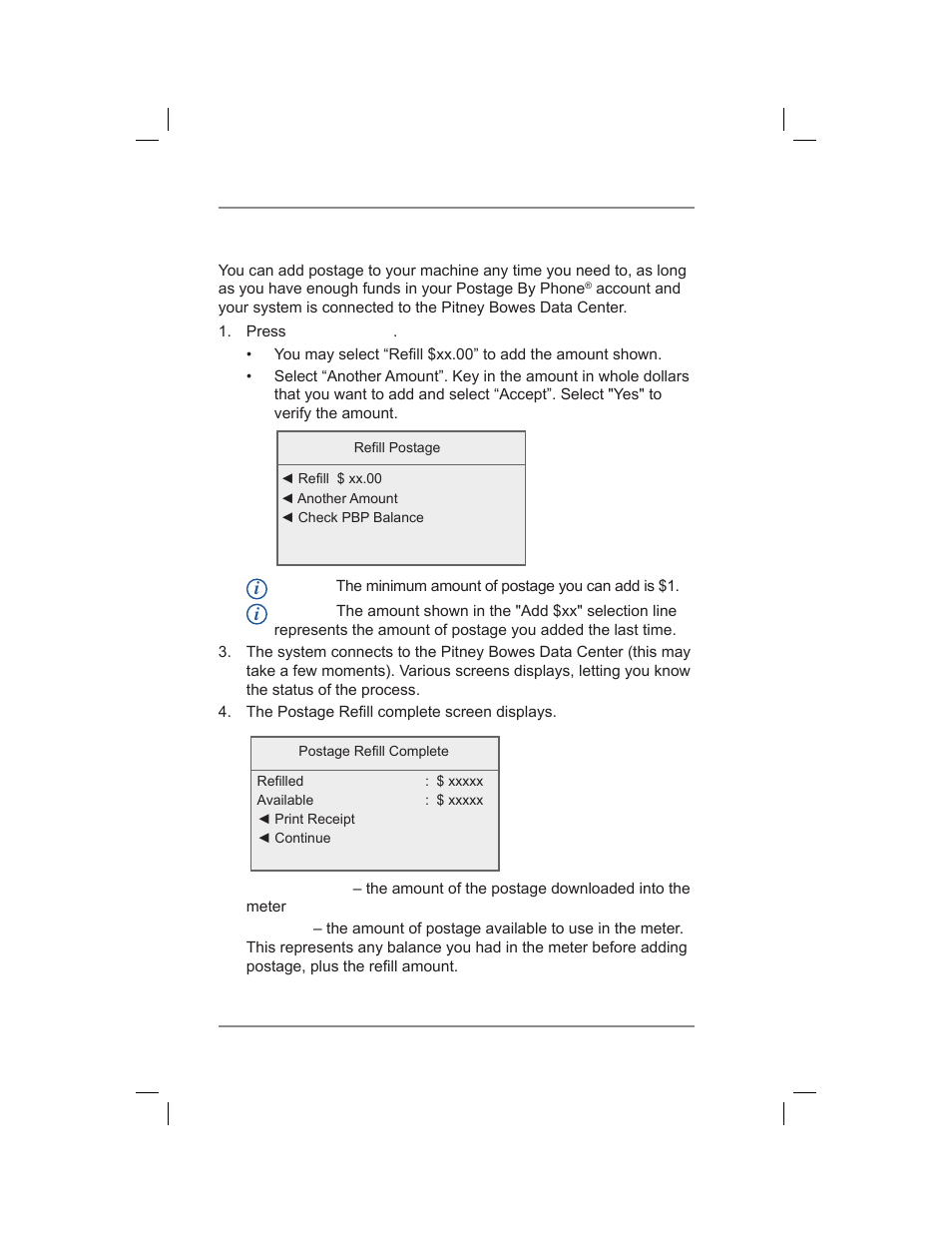 Adding postage, 6 • adding postage/connecting to data center | Pitney Bowes DM400C User Manual | Page 78 / 196