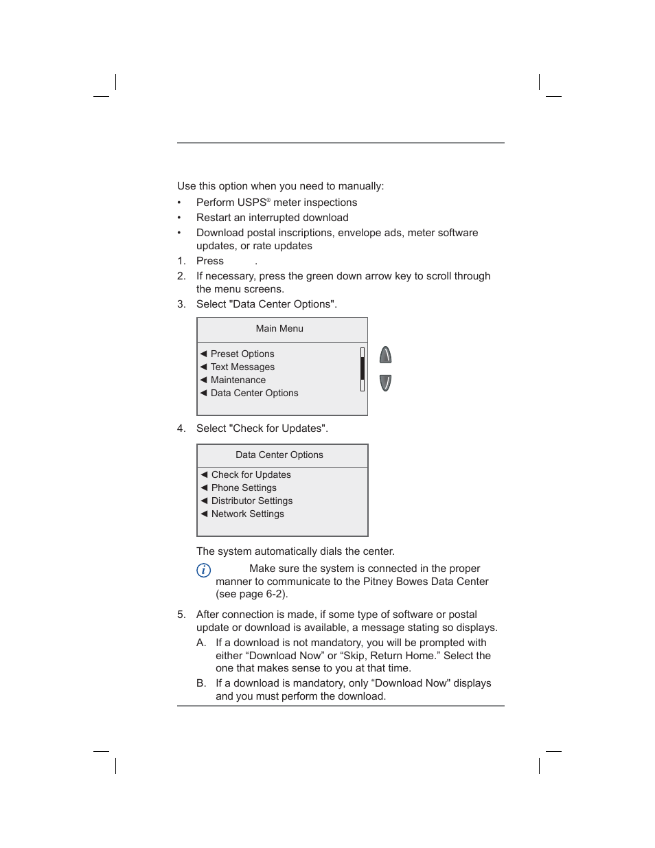 Downloading files or updating system, 6 • adding postage/connecting to data center | Pitney Bowes DM400C User Manual | Page 81 / 196