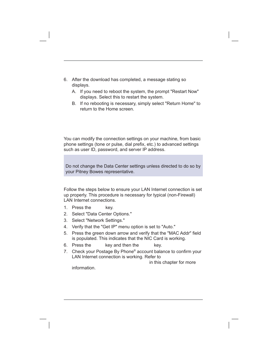 Settings for connecting to the data center, Lan connection network settings, 6 • adding postage/connecting to data center | Pitney Bowes DM400C User Manual | Page 82 / 196