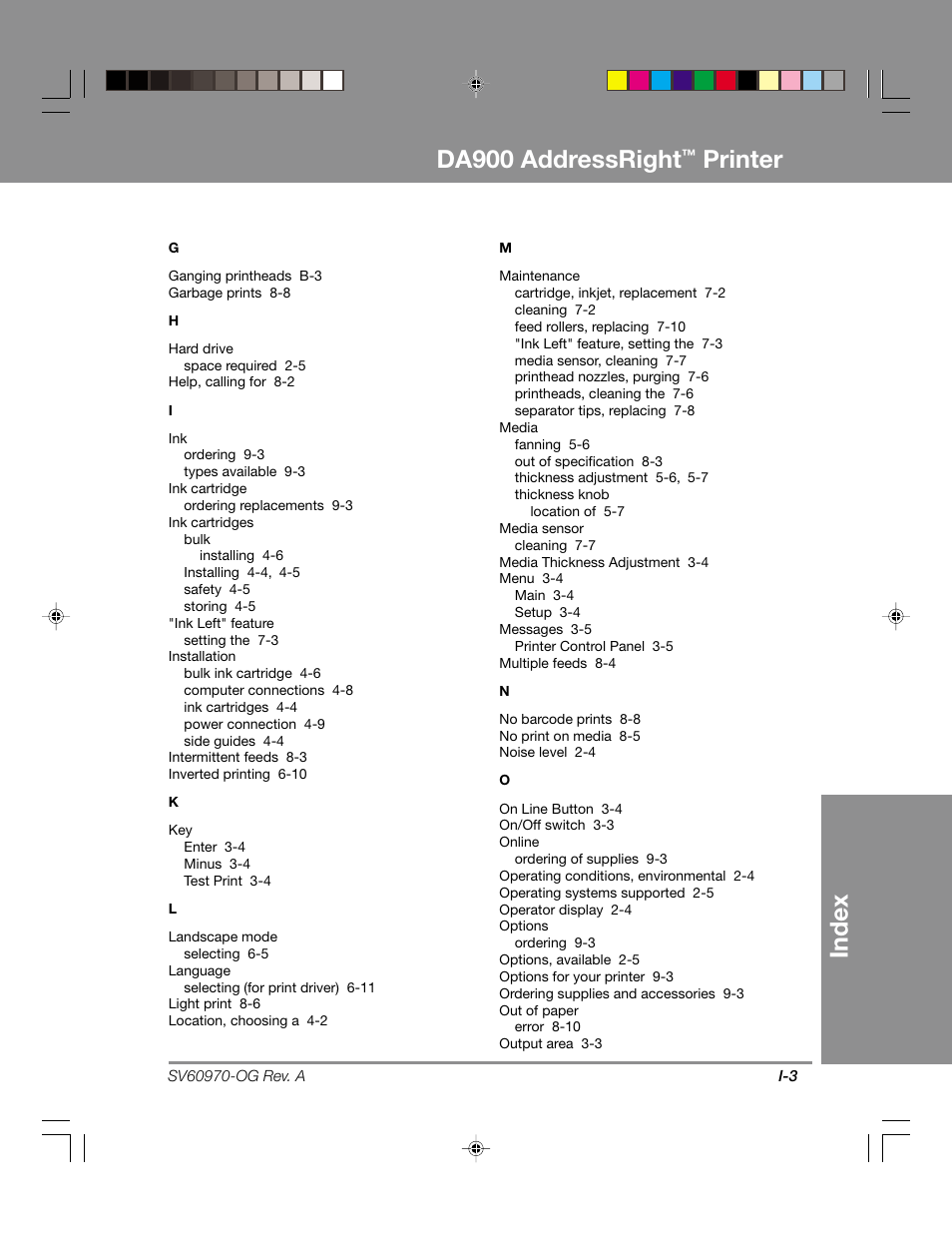 Index da900 addressright, Printer | Pitney Bowes ADDRESSRIGHTTM DA900 User Manual | Page 103 / 108