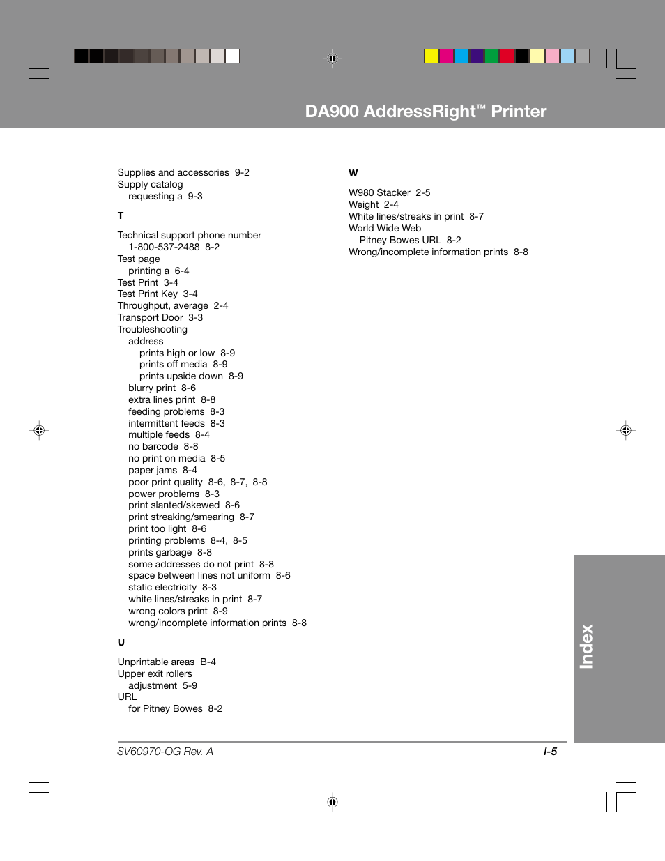 Index da900 addressright, Printer | Pitney Bowes ADDRESSRIGHTTM DA900 User Manual | Page 105 / 108