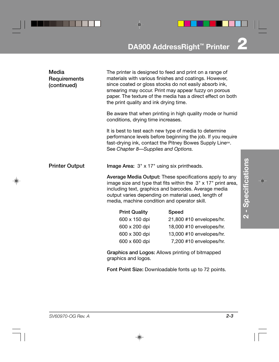 Da900 addressright, Printer, 2 - specifications | Pitney Bowes ADDRESSRIGHTTM DA900 User Manual | Page 15 / 108