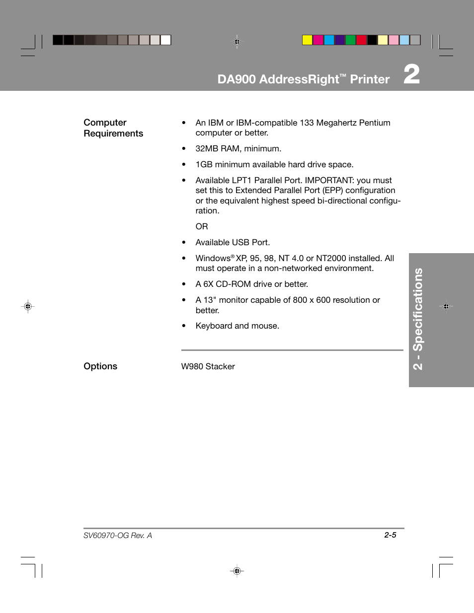 Da900 addressright, Printer, 2 - specifications | Pitney Bowes ADDRESSRIGHTTM DA900 User Manual | Page 17 / 108