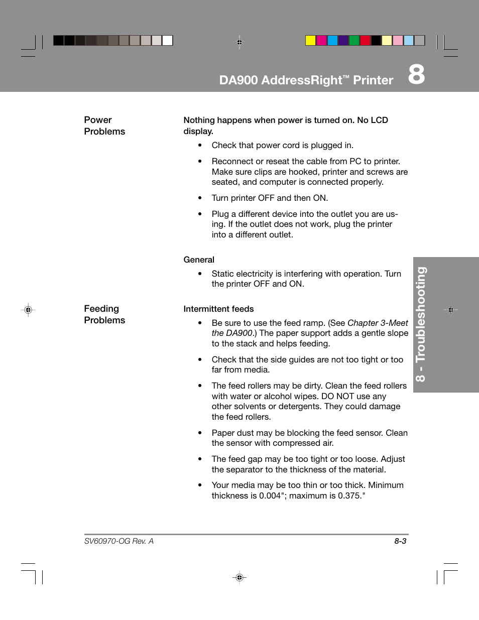 Da900 addressright, Printer, 8 - t roubleshooting | Pitney Bowes ADDRESSRIGHTTM DA900 User Manual | Page 73 / 108