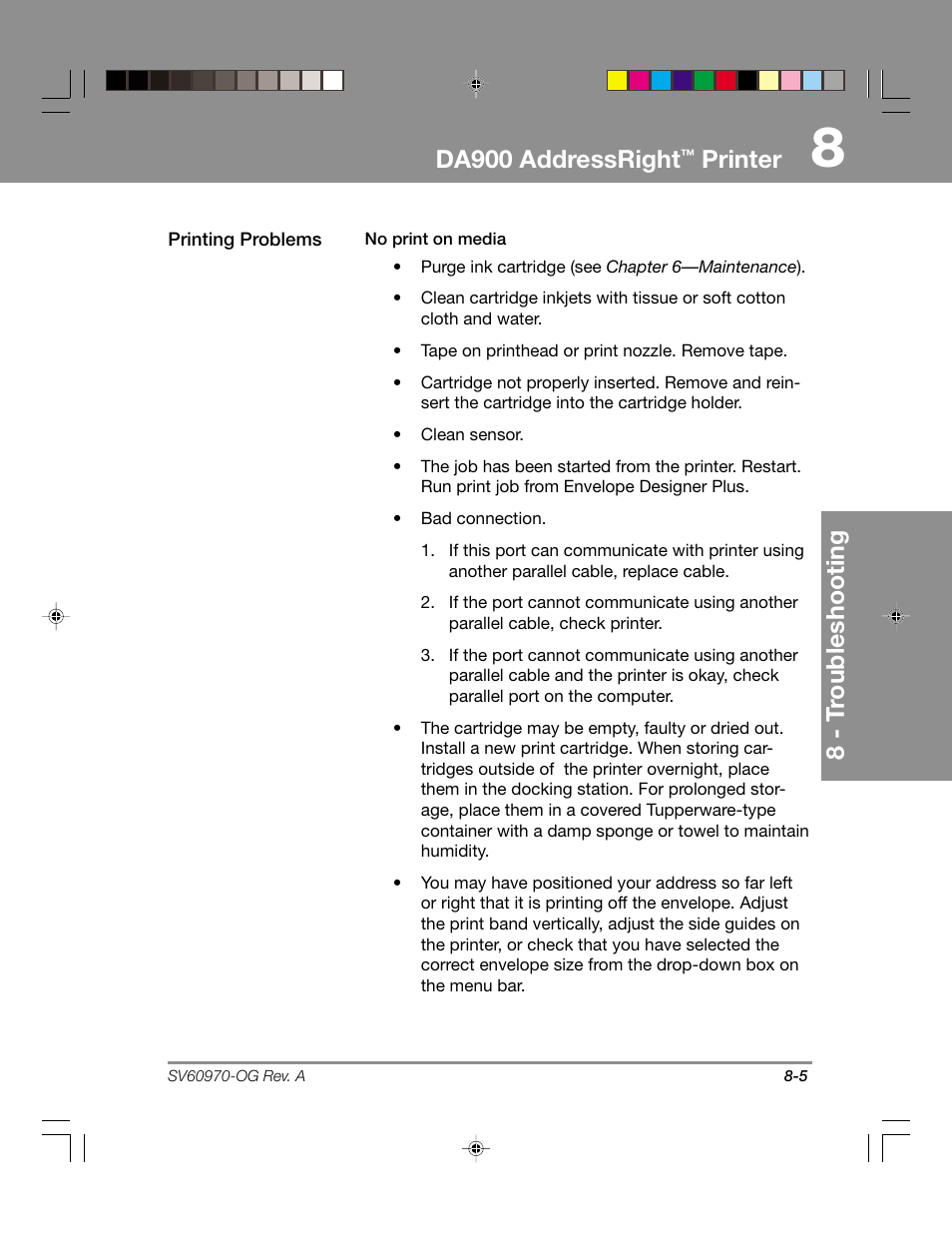 Da900 addressright, Printer, 8 - t roubleshooting | Pitney Bowes ADDRESSRIGHTTM DA900 User Manual | Page 75 / 108