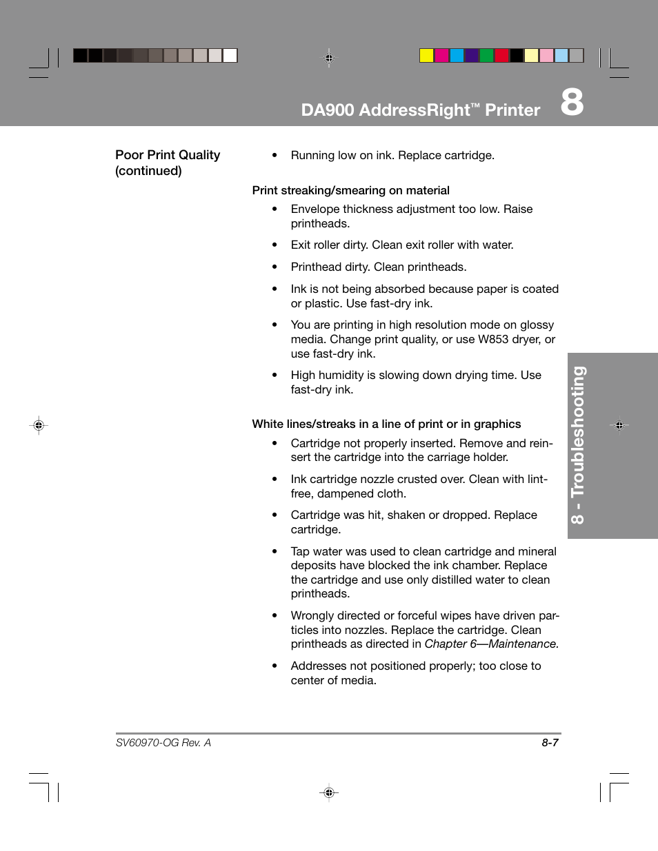 Da900 addressright, Printer, 8 - t roubleshooting | Pitney Bowes ADDRESSRIGHTTM DA900 User Manual | Page 77 / 108