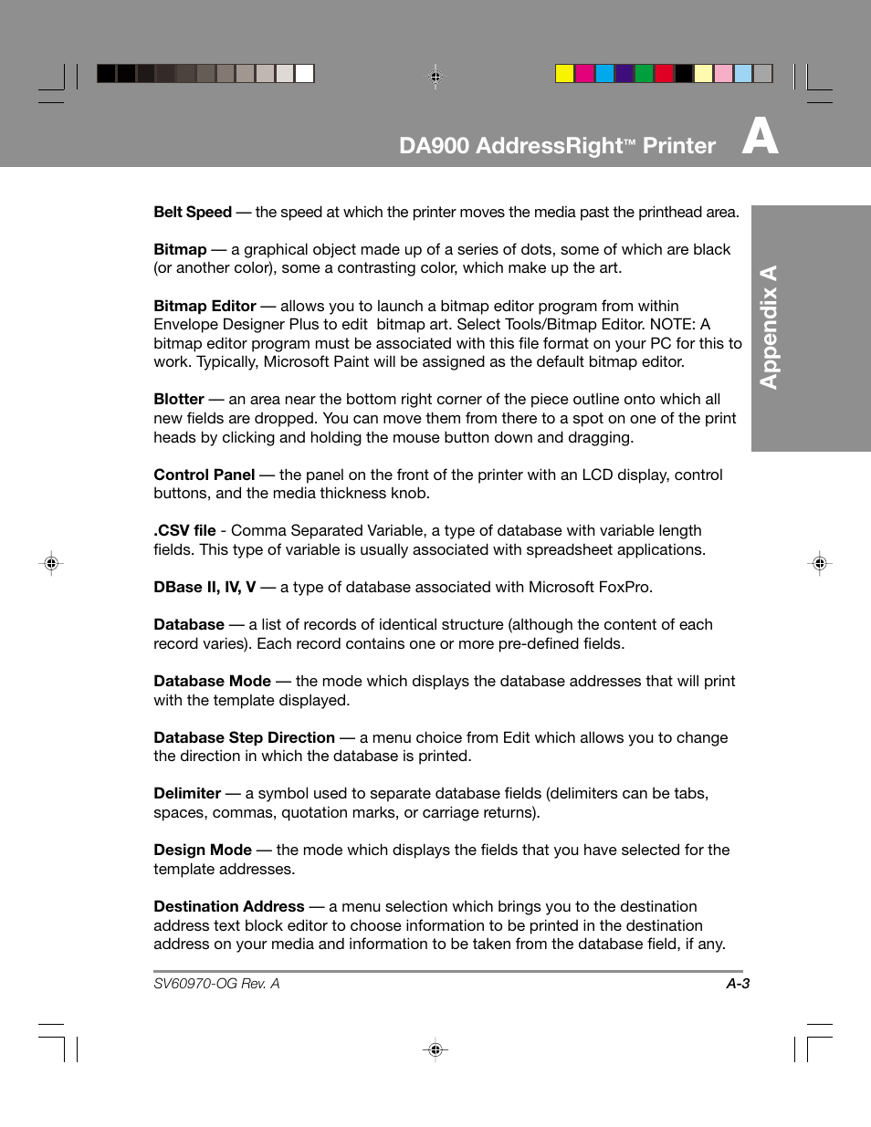 Appendix a da900 addressright, Printer | Pitney Bowes ADDRESSRIGHTTM DA900 User Manual | Page 87 / 108