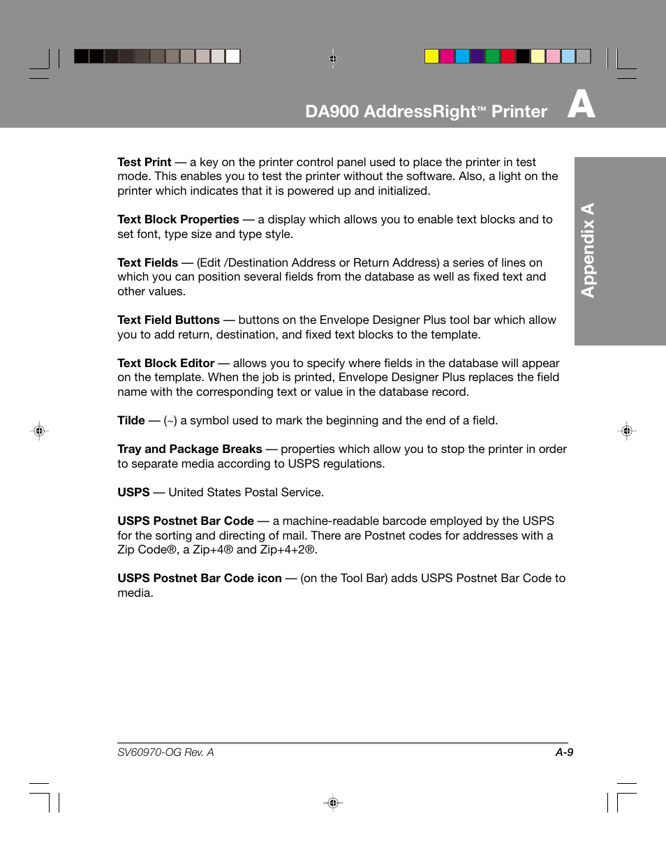 Appendix a da900 addressright, Printer | Pitney Bowes ADDRESSRIGHTTM DA900 User Manual | Page 93 / 108