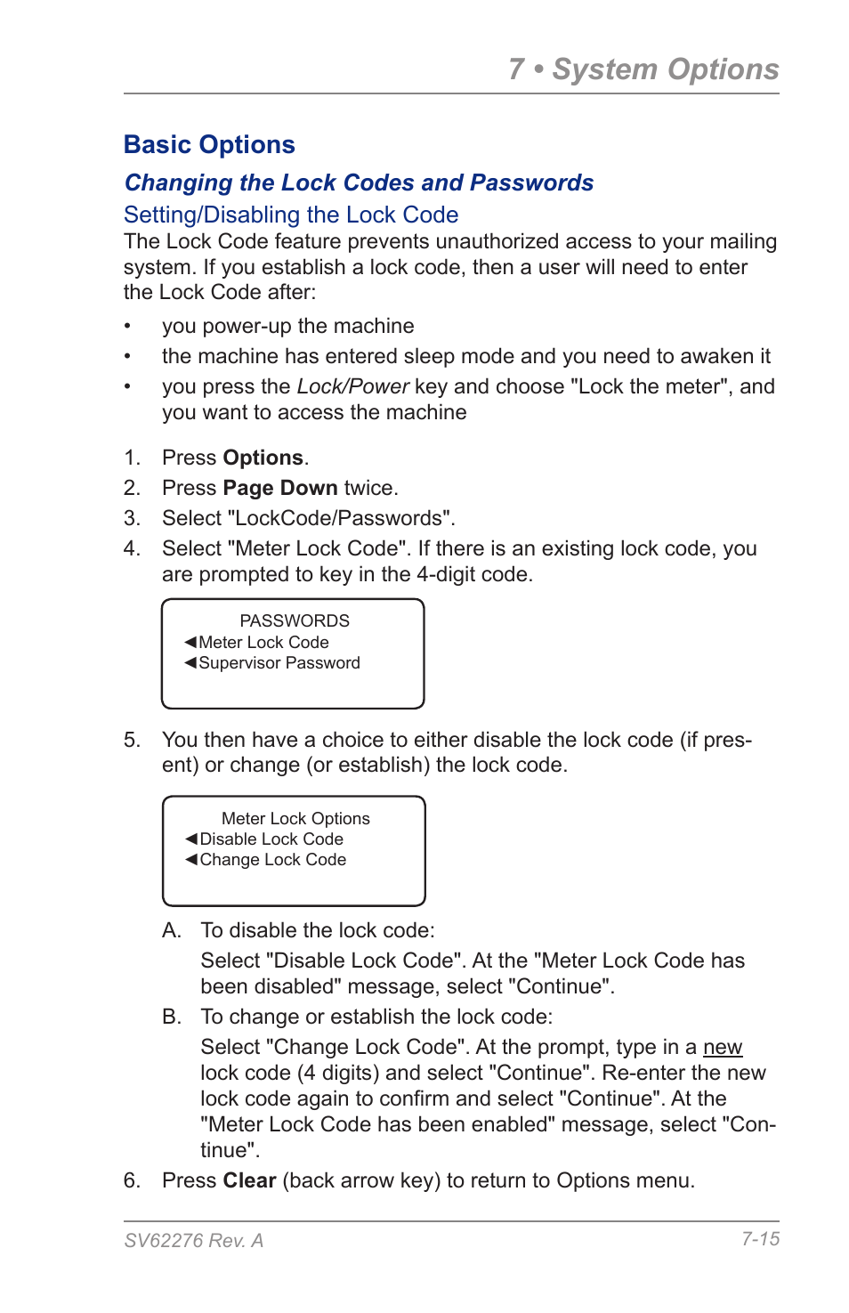 Changing the lock codes and passwords, 7 • system options, Basic options | Pitney Bowes DM125 User Manual | Page 101 / 209