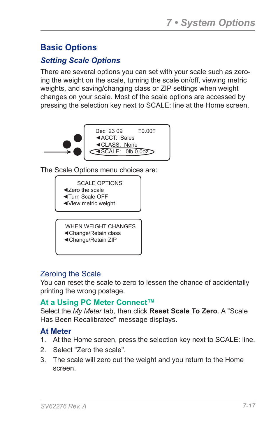 Setting scale options, 7 • system options, Basic options | Pitney Bowes DM125 User Manual | Page 103 / 209