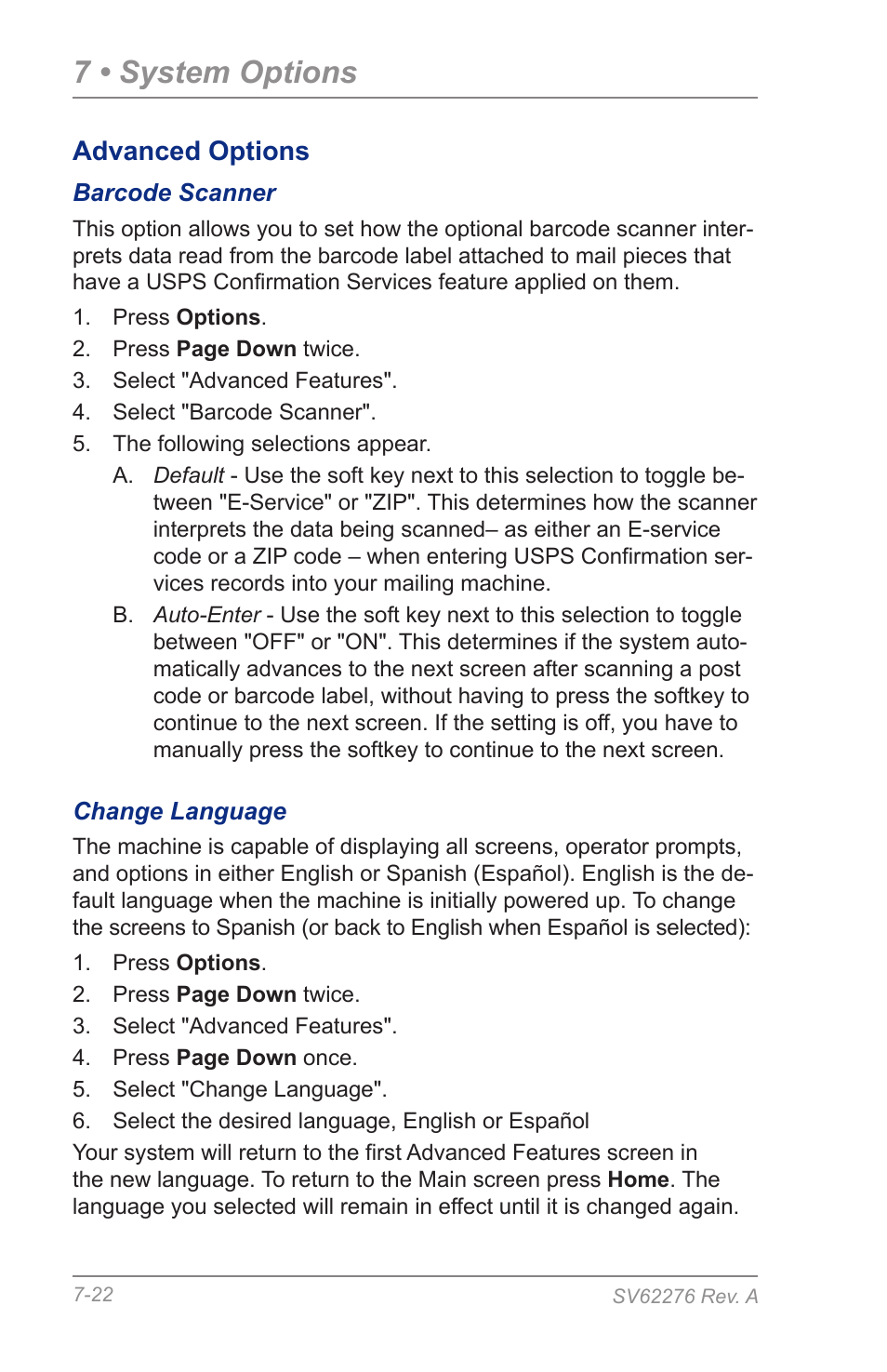 Barcode scanner, Change language, 7 • system options | Advanced options | Pitney Bowes DM125 User Manual | Page 108 / 209