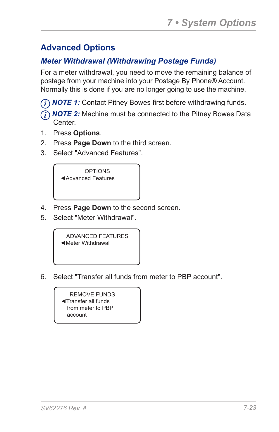 Meter withdrawal (withdrawing postage funds), 7 • system options, Advanced options | Pitney Bowes DM125 User Manual | Page 109 / 209