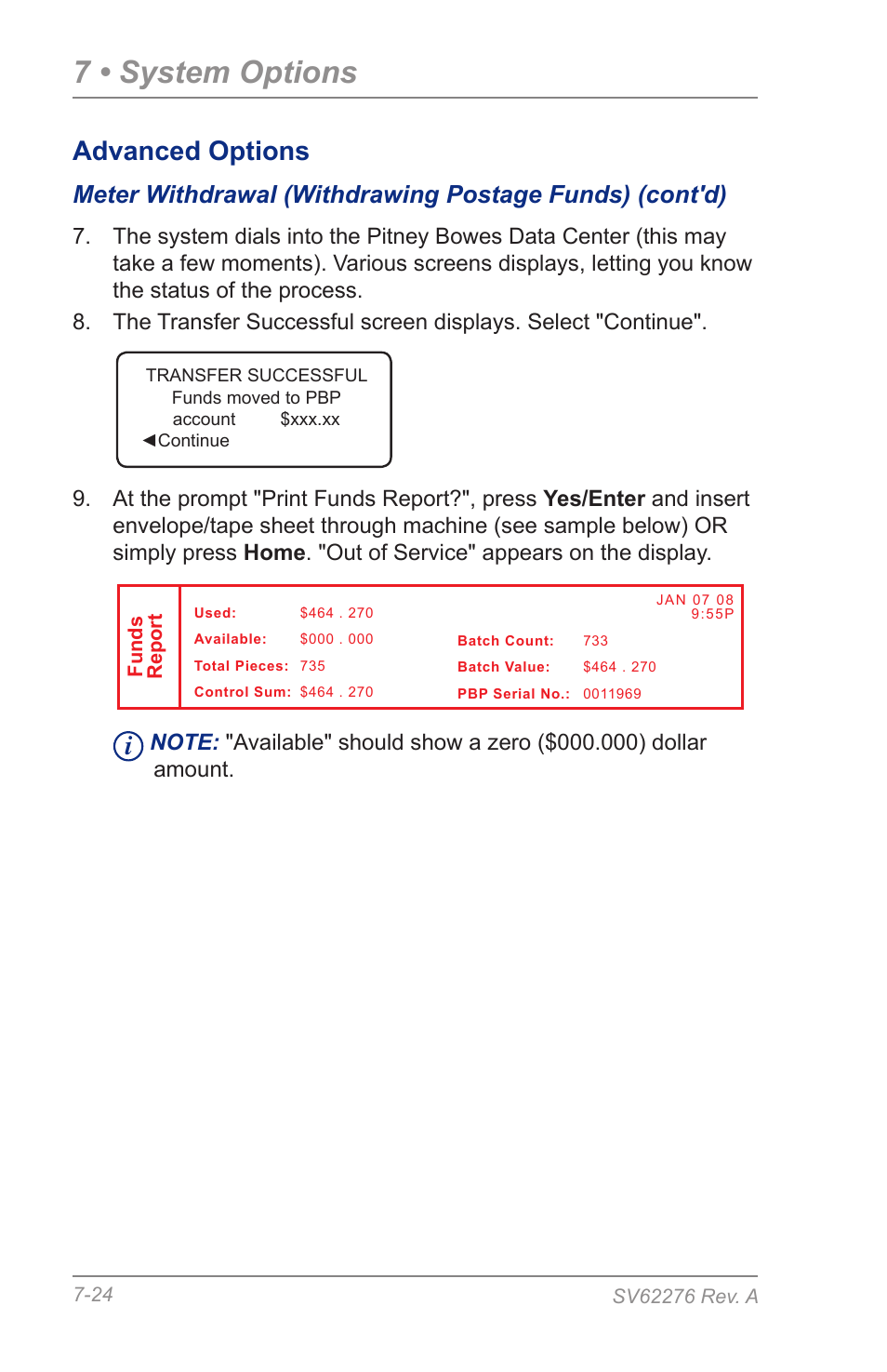 7 • system options, Advanced options | Pitney Bowes DM125 User Manual | Page 110 / 209