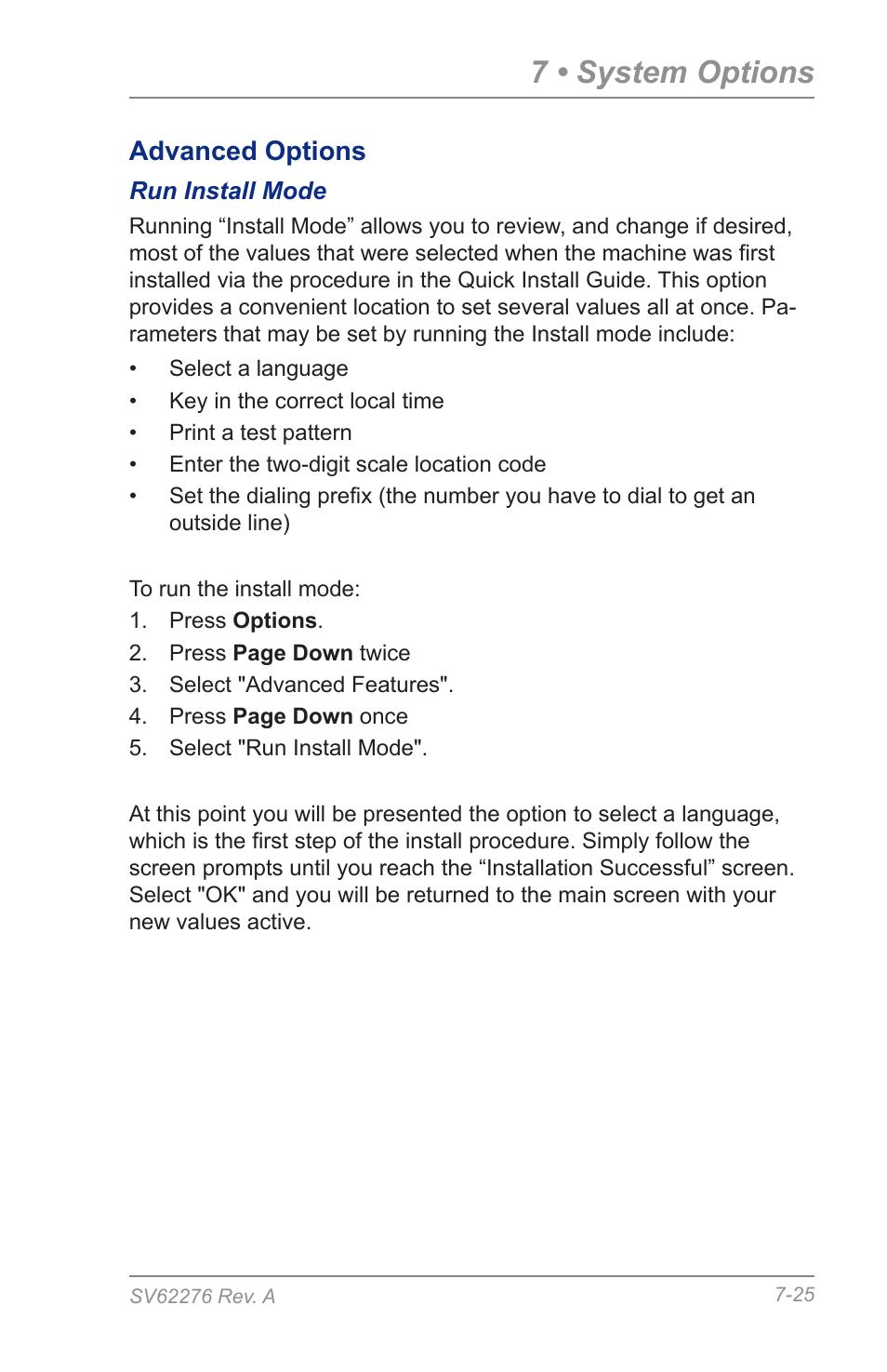 Run install mode, 7 • system options, Advanced options | Pitney Bowes DM125 User Manual | Page 111 / 209