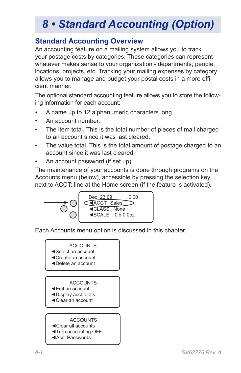 8 • standard accounting (option), Standard accounting overview | Pitney Bowes DM125 User Manual | Page 113 / 209