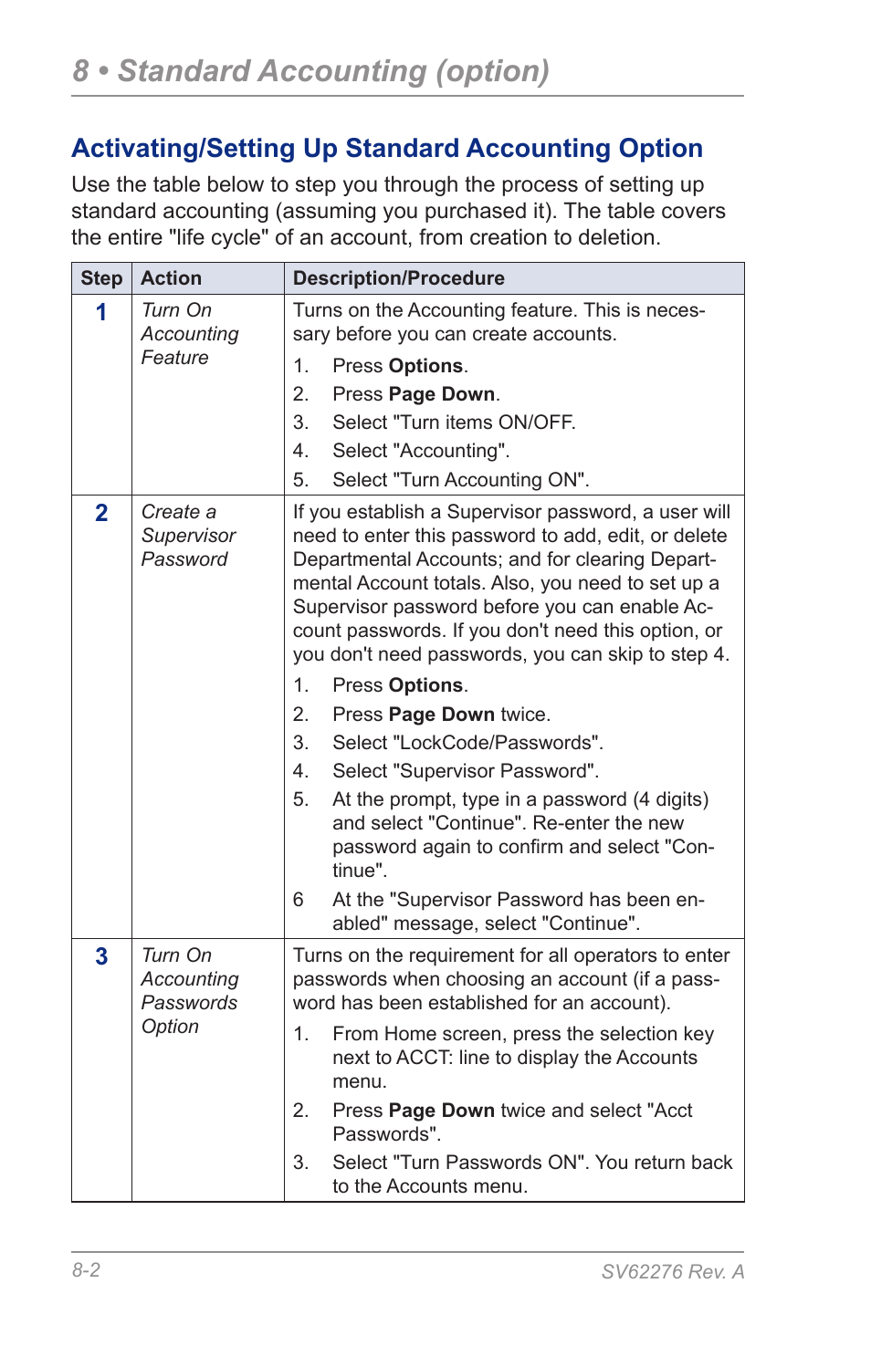 Activating/setting up standard accounting option, 8 • standard accounting (option) | Pitney Bowes DM125 User Manual | Page 114 / 209