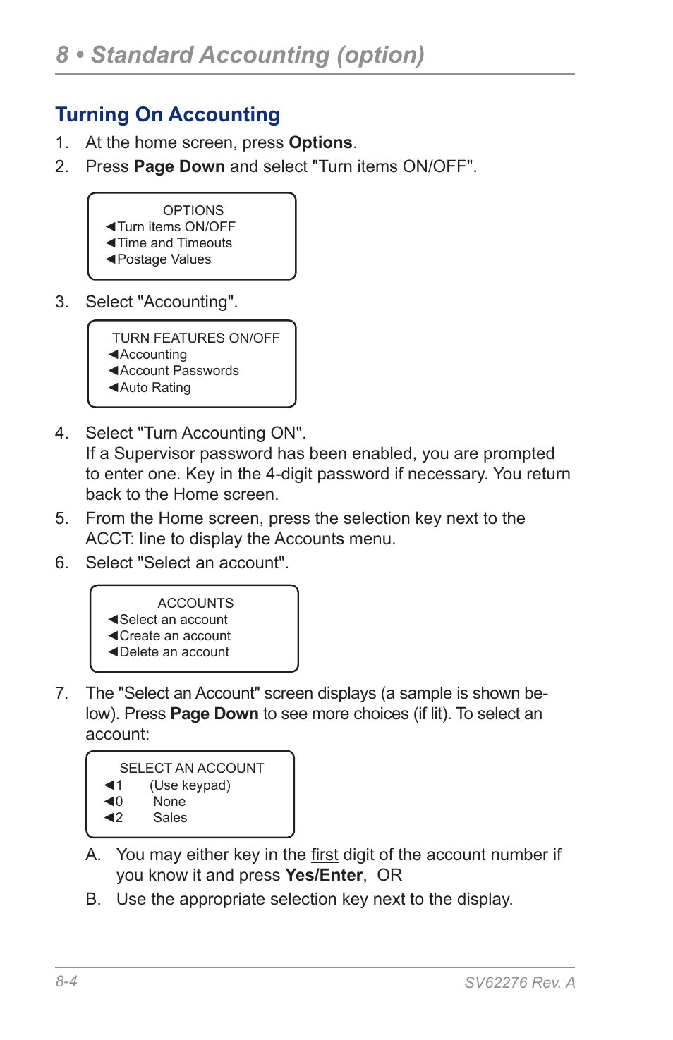 Turning on accounting, 8 • standard accounting (option) | Pitney Bowes DM125 User Manual | Page 116 / 209