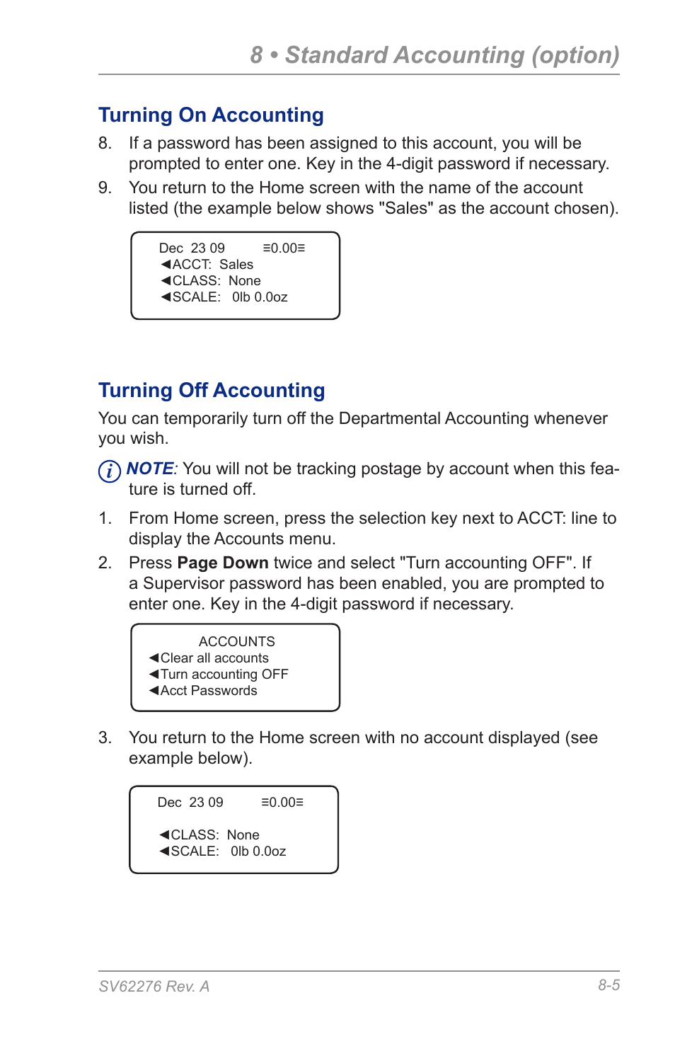 Turning off accounting, 8 • standard accounting (option), Turning on accounting | Pitney Bowes DM125 User Manual | Page 117 / 209