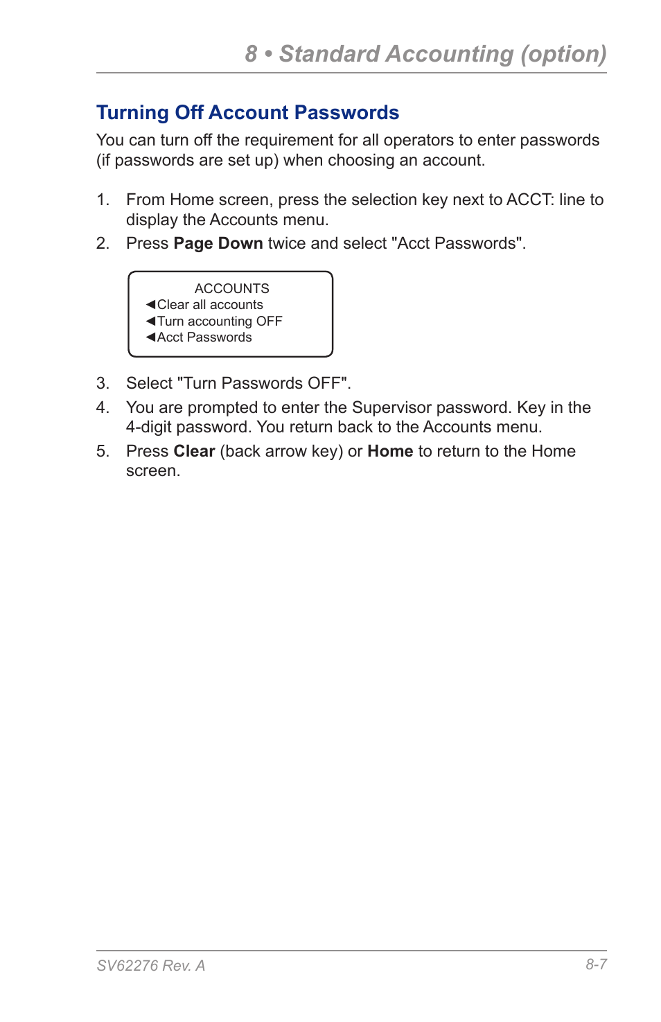 Turning off account passwords, 8 • standard accounting (option) | Pitney Bowes DM125 User Manual | Page 119 / 209