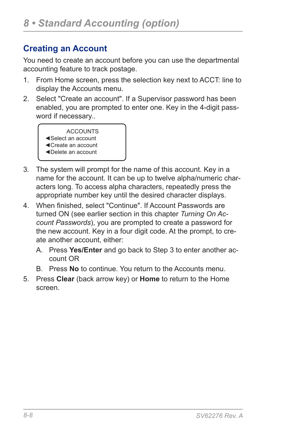 Creating an account, 8 • standard accounting (option) | Pitney Bowes DM125 User Manual | Page 120 / 209