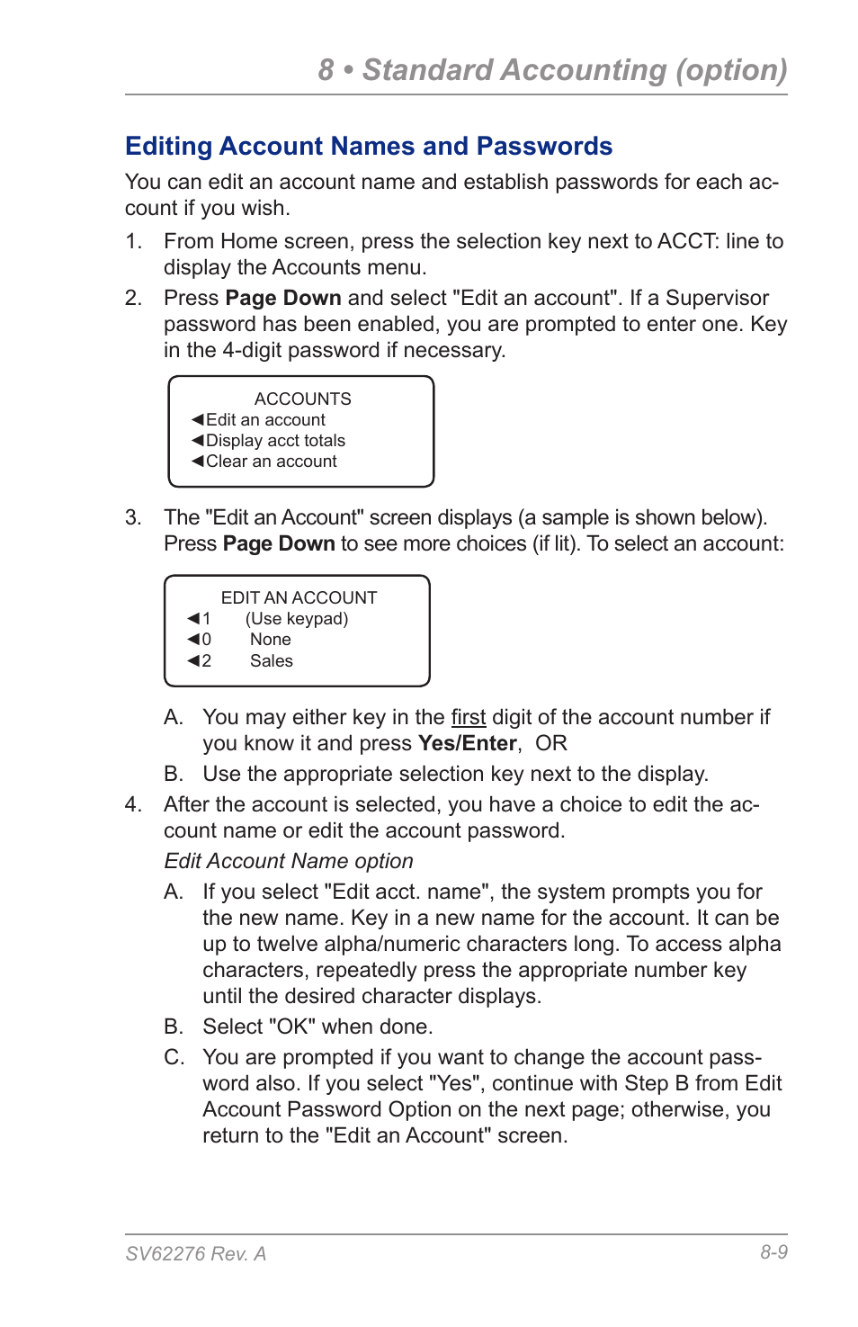 Editing account names and passwords, 8 • standard accounting (option) | Pitney Bowes DM125 User Manual | Page 121 / 209