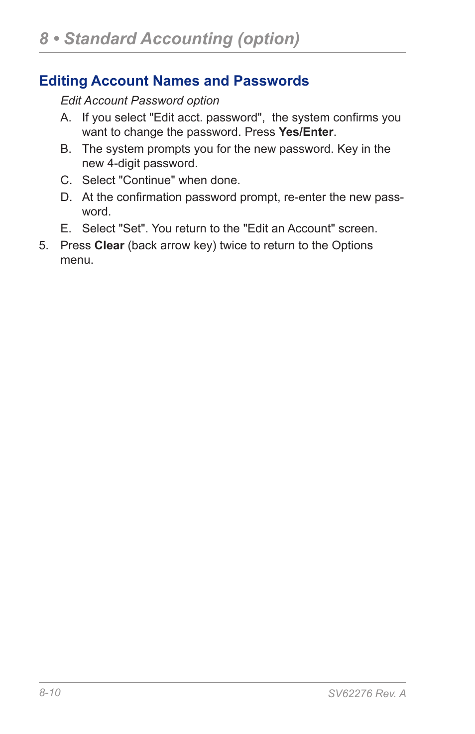 8 • standard accounting (option), Editing account names and passwords | Pitney Bowes DM125 User Manual | Page 122 / 209