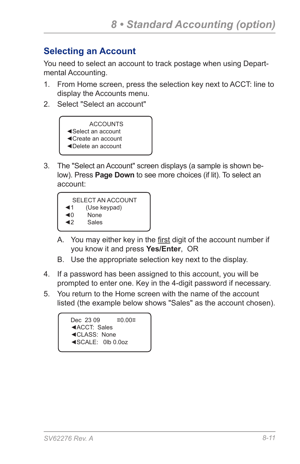 Selecting an account, 8 • standard accounting (option) | Pitney Bowes DM125 User Manual | Page 123 / 209