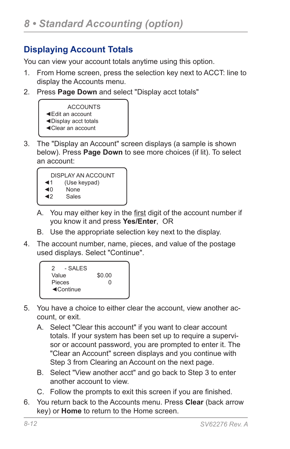 Displaying account totals, 8 • standard accounting (option) | Pitney Bowes DM125 User Manual | Page 124 / 209