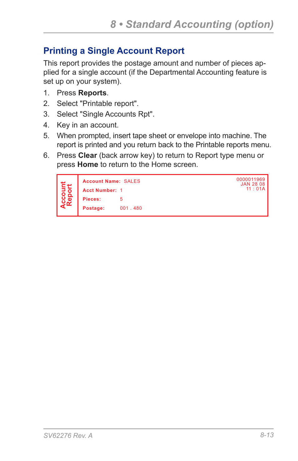 Printing a single account report, 8 • standard accounting (option) | Pitney Bowes DM125 User Manual | Page 125 / 209