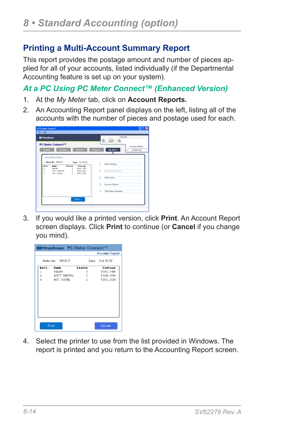 Printing a multi-account summary report, 8 • standard accounting (option) | Pitney Bowes DM125 User Manual | Page 126 / 209