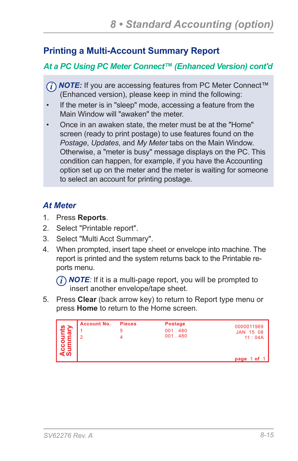 8 • standard accounting (option), Printing a multi-account summary report, At meter | Pitney Bowes DM125 User Manual | Page 127 / 209