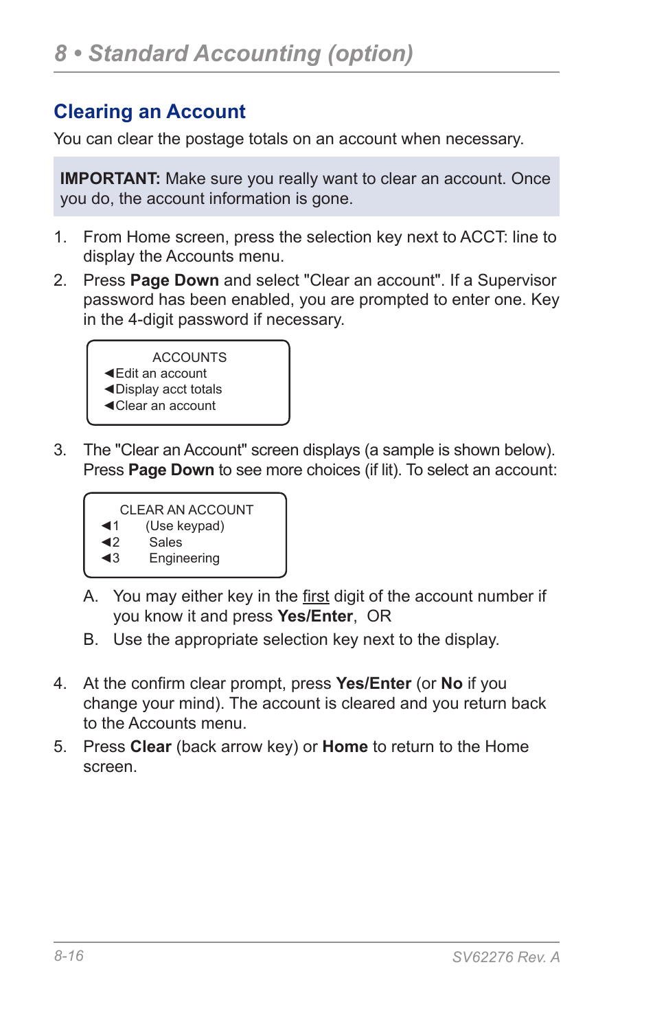 Clearing an account, 8 • standard accounting (option) | Pitney Bowes DM125 User Manual | Page 128 / 209