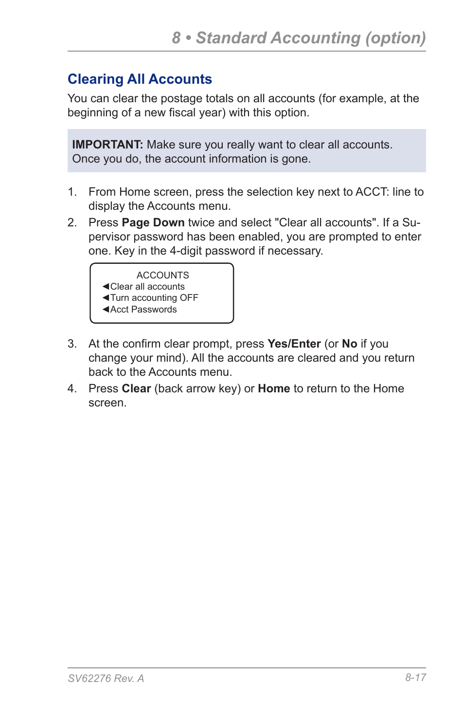 Clearing all accounts, 8 • standard accounting (option) | Pitney Bowes DM125 User Manual | Page 129 / 209