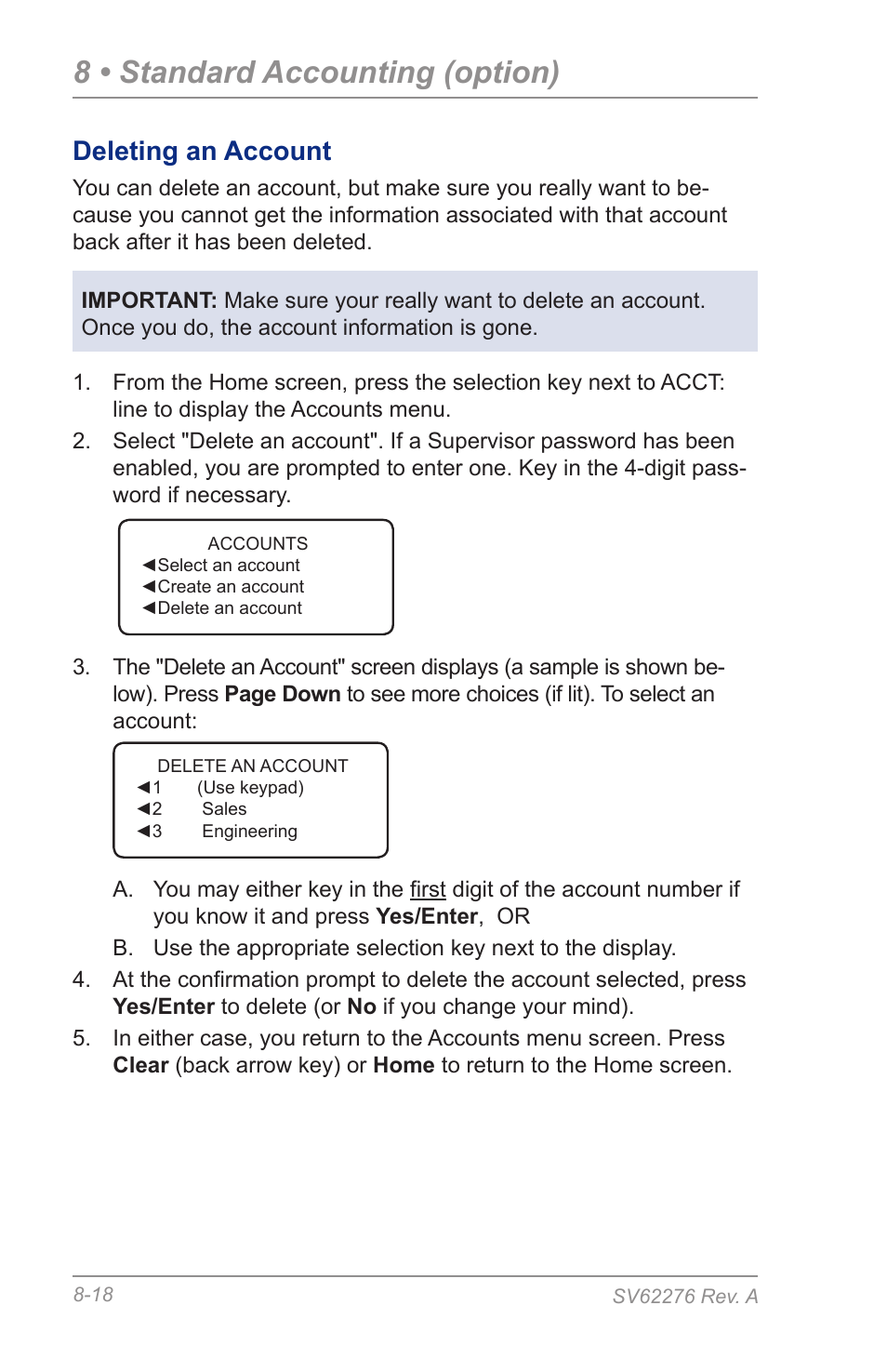 Deleting an account, 8 • standard accounting (option) | Pitney Bowes DM125 User Manual | Page 130 / 209