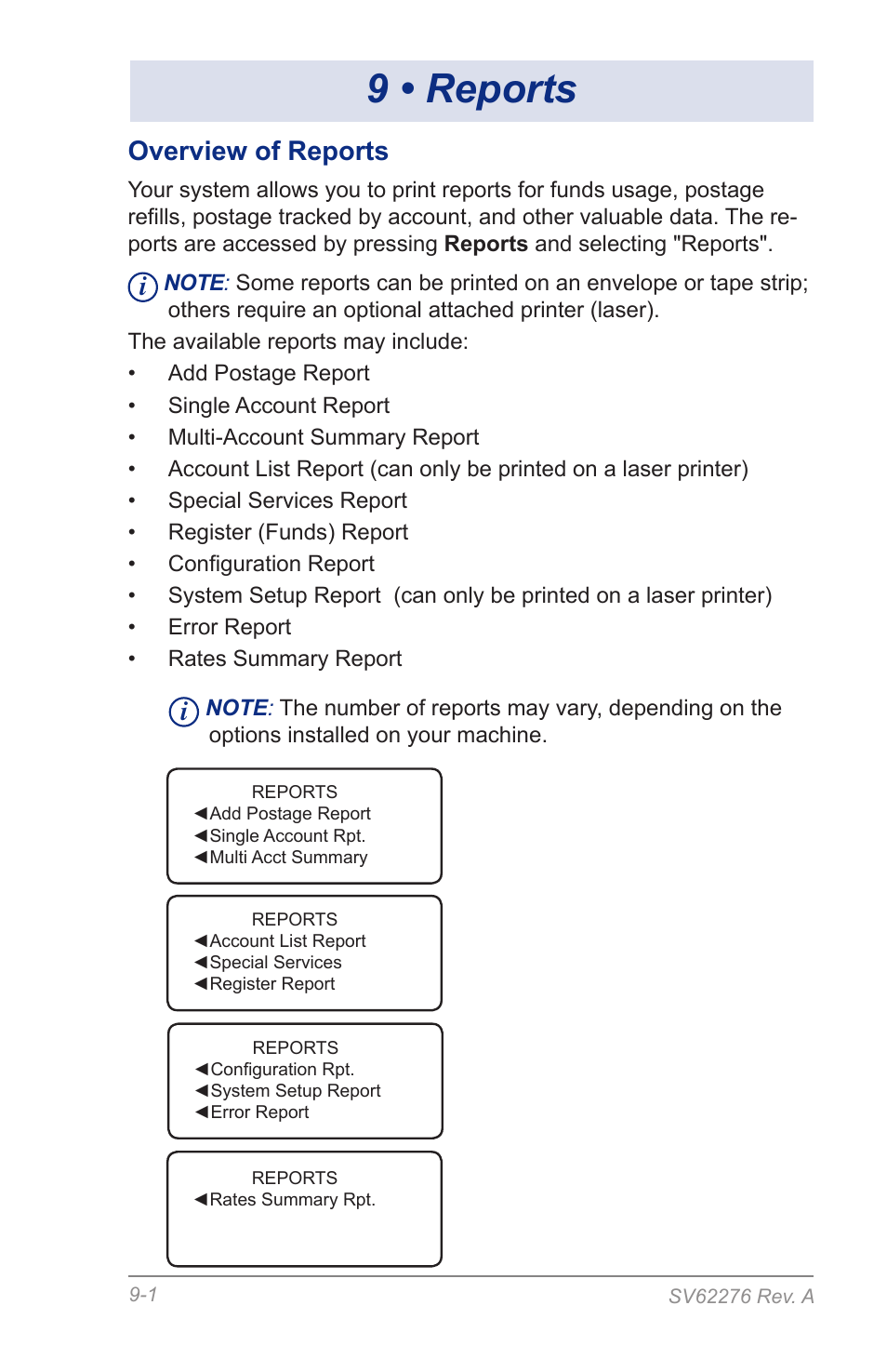 9 • reports, Overview of reports | Pitney Bowes DM125 User Manual | Page 131 / 209