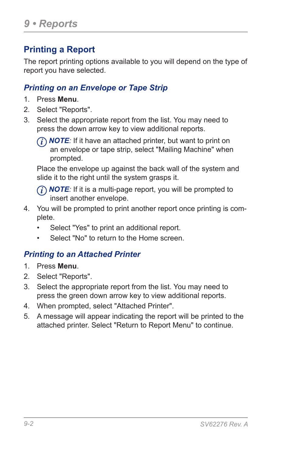 Printing a report, Printing on an envelope or tape strip, Printing to an attached printer | 9 • reports | Pitney Bowes DM125 User Manual | Page 132 / 209