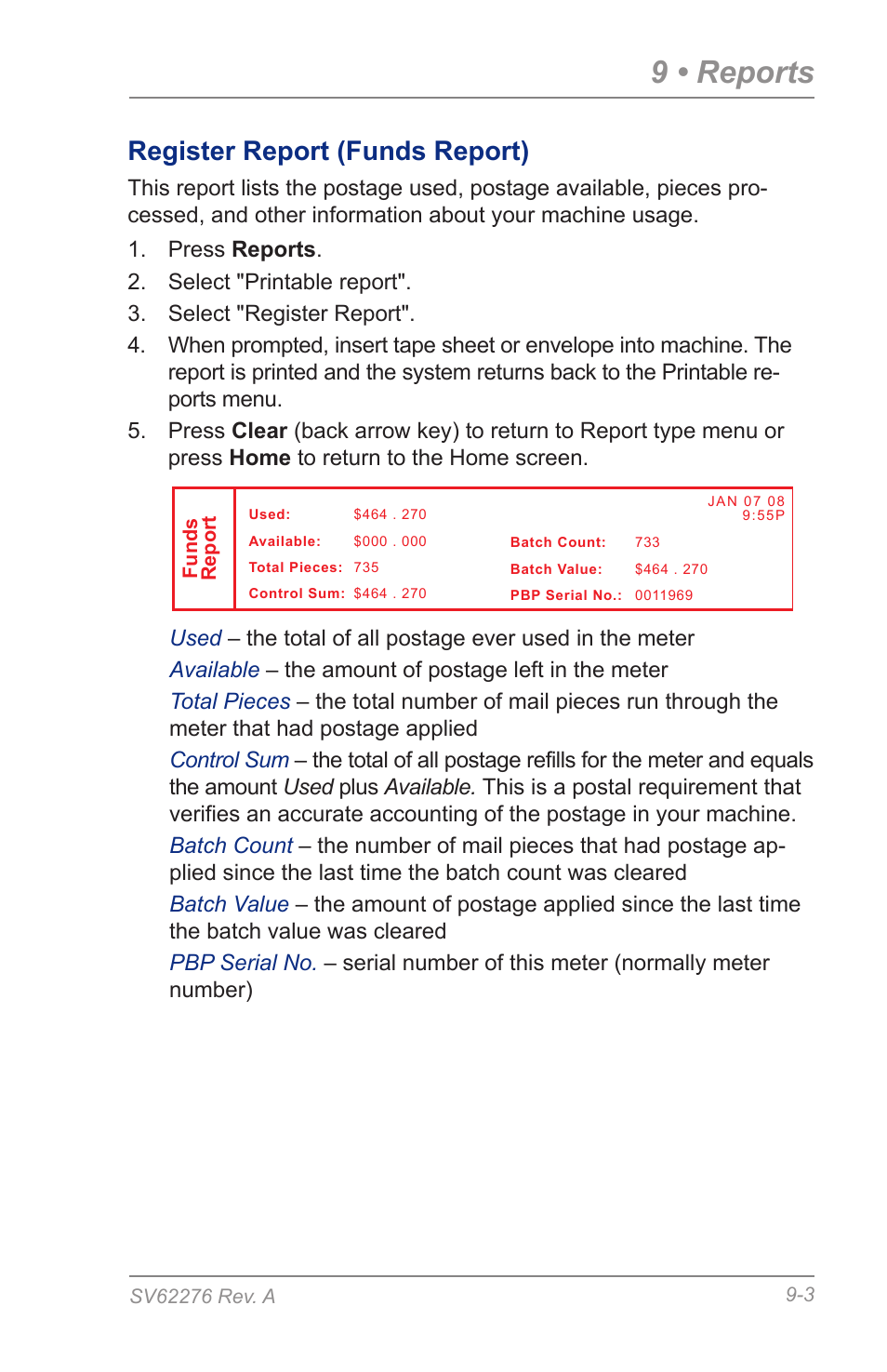 Register report (funds report), 9 • reports | Pitney Bowes DM125 User Manual | Page 133 / 209