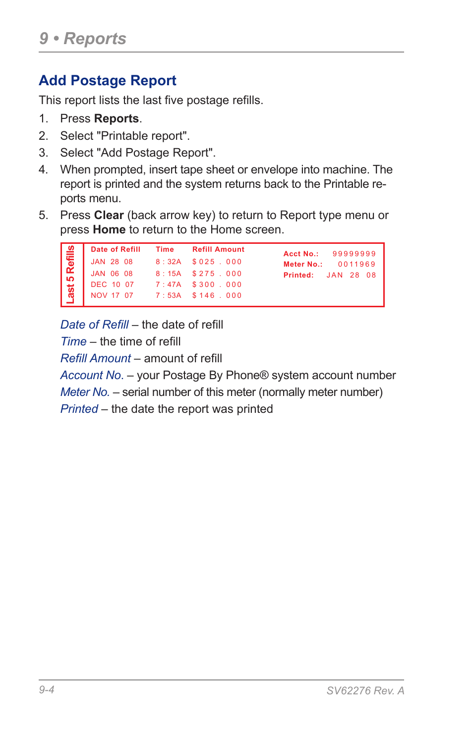 Add postage report, 9 • reports | Pitney Bowes DM125 User Manual | Page 134 / 209