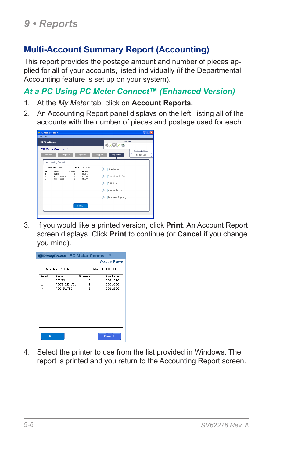 Multi-account summary report (accounting), 9 • reports | Pitney Bowes DM125 User Manual | Page 136 / 209