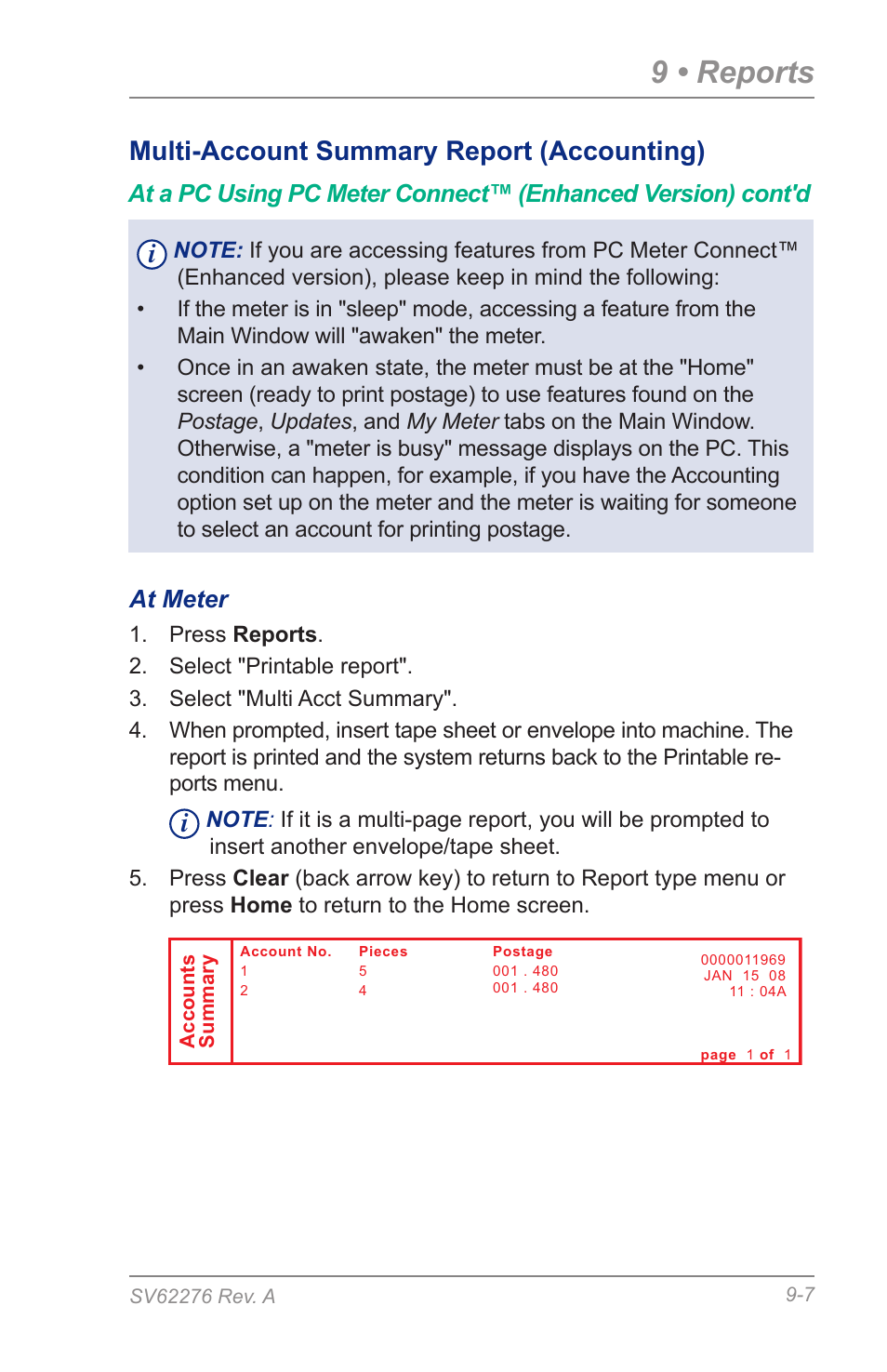 9 • reports, Multi-account summary report (accounting), At meter | Pitney Bowes DM125 User Manual | Page 137 / 209