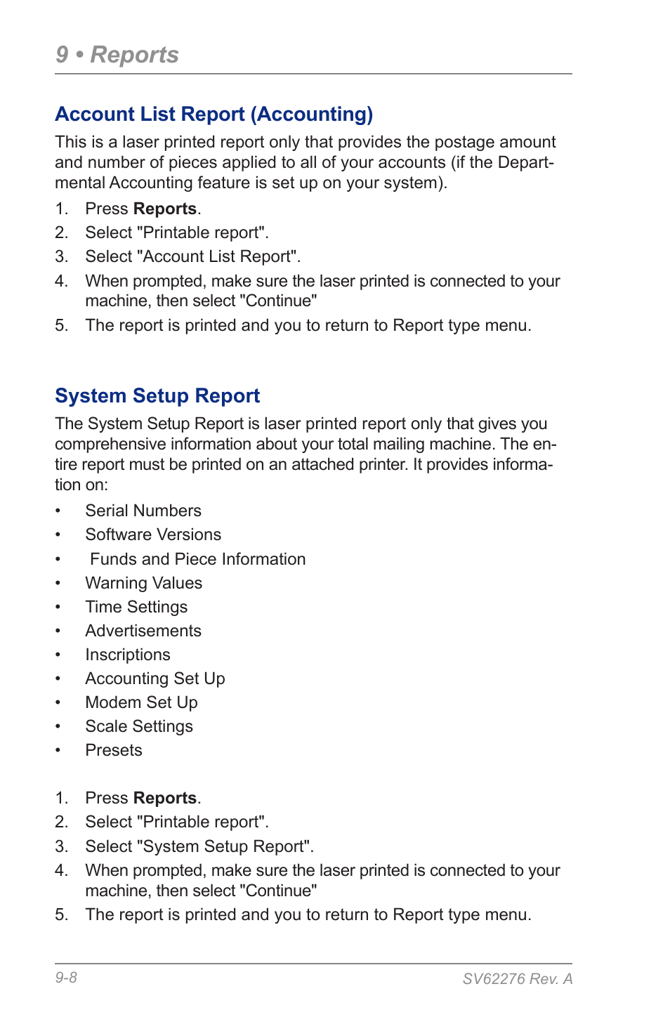 Account list report (accounting), System setup report, 9 • reports | Pitney Bowes DM125 User Manual | Page 138 / 209