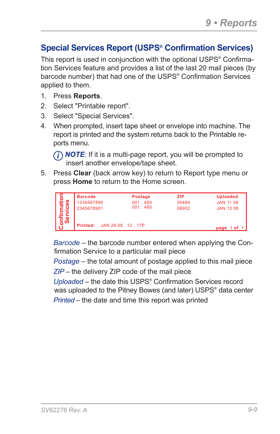 9 • reports, Special services report (usps, Confirmation services) | Pitney Bowes DM125 User Manual | Page 139 / 209