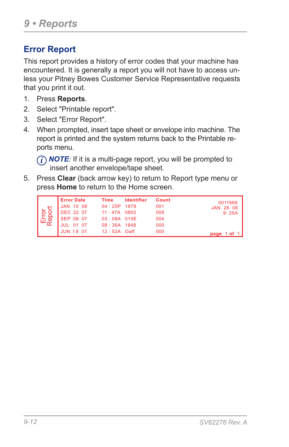 Error report, 9 • reports | Pitney Bowes DM125 User Manual | Page 142 / 209